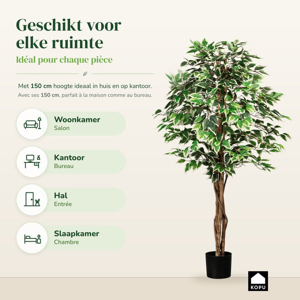 Kopu® Kunstplant Ficus 150 cm - 840 groen-witte bladeren - Natuurstam