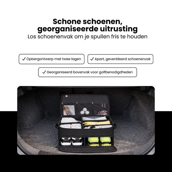 Golf Organizer Tas voor Kofferbak – Golf Accessoire Opbergbox met Schoenenvak – Waterafstotende Golf Opbergtas met Verstelbare Vakken – Golf Cadeau voor Heren & Dames – Zwart