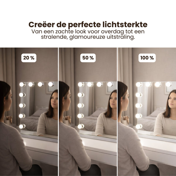 Hollywood Spiegel met Verlichting – Make-up Spiegel met LED Lampen – Dimmbaar & Touchbediening – Tafelmodel & Wandmontage – Kaptafel Spiegel met Verlichting – 58 x 48 cm – Wit
