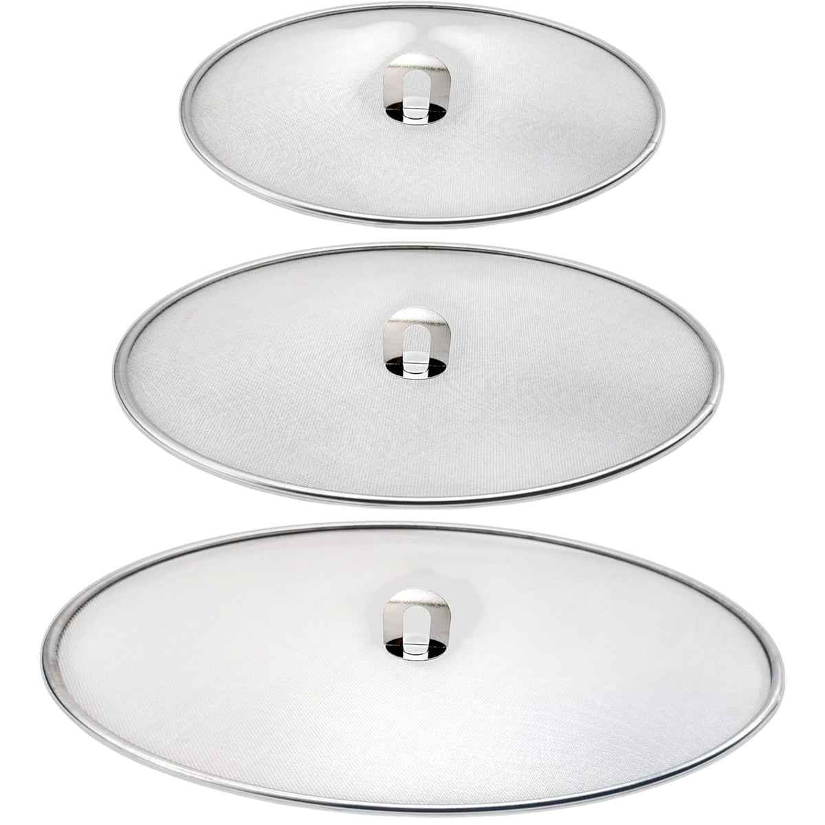 RVS Antispatdeksel Set van 3 – Ø20 - Ø25 - Ø30 cm – Spatdeksel voor Pan – Fijne Antispat Zeef – Vetbeschermer voor Bakken & Braden – Vaatwasserbestendig – Universeel Formaat