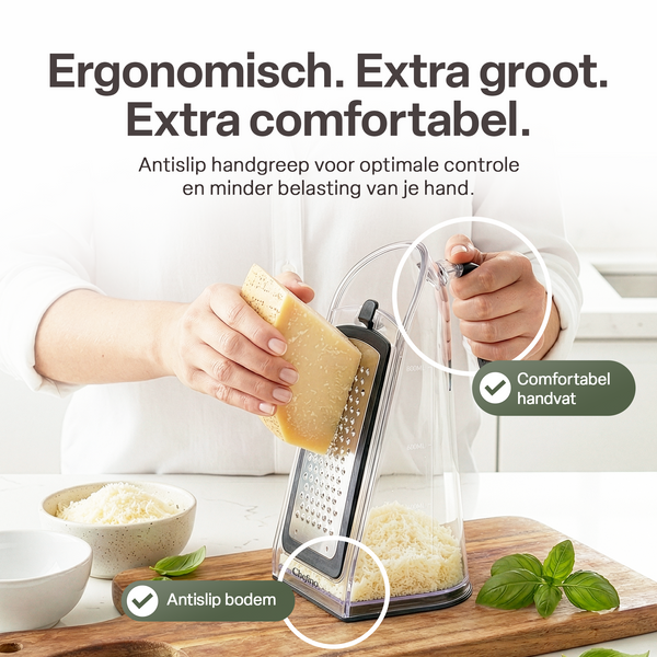 Chefino Fineza - Kaasrasp met Opvangbak – RVS Groenterasp – Keukenrasp met Container – 3 Verwisselbare Raspbladen – Handrasp voor Kaas, Groenten en Citroenrasp – Antislip