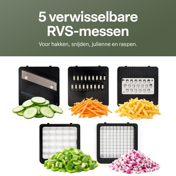 Chefino Trito - Groentesnijder Set met Opvangbak 750 ml – Mandoline Snijder – Groente Hakker – Uiensnijder – Blokjessnijder – Julienne Snijder – Groente Rasp – Keuken Mandoline met 5 RVS Messen