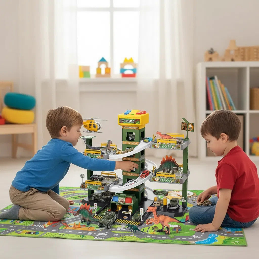 Dinosaur Parkeergarage Speelset met Auto’s & Helikopter – Grote Dino Speelset voor Kinderen – Parkeertoren, Racebanen & Dinosaurus Speelgoed