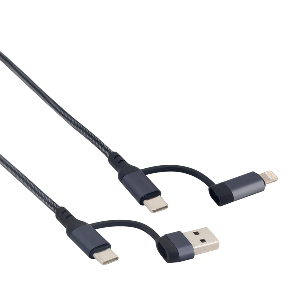 3-in-1 USB Kabel – 1 meter – Snelladen & Dataoverdracht – USB naar USB-C - Lightning – Nylon Gevlochten – Zwart