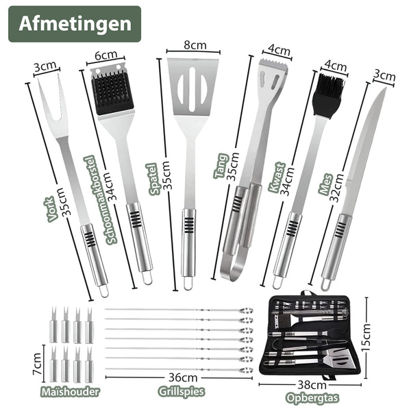 Chefino BBQ Accessoires Set – 21-delig BBQ Pakket – Compleet RVS Barbecue Accessoires met Draagtas – Roestvrijstaal Kamado Accessoires
