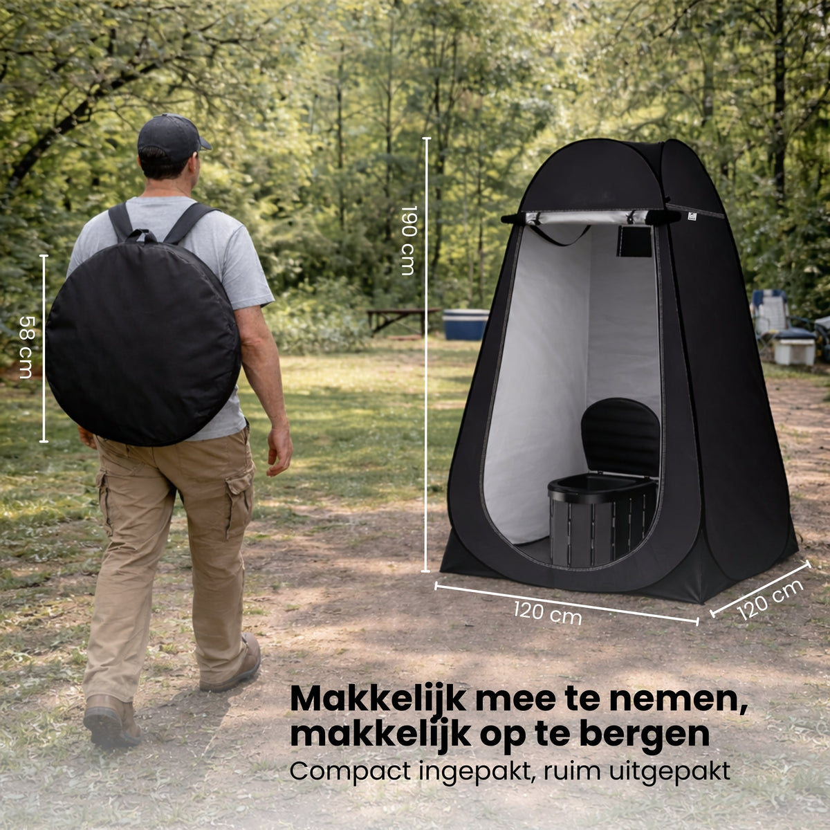 Pop-up Douchetent & Toilet Tent – Camping Douchetent met Opvouwbaar Toilet – Privacy Tent Camping, Festival & Strand – Inclusief Draagtas, Grondpinnen en Scheerlijnen – 190 cm Hoog – Zwart