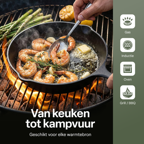 Gietijzeren Koekenpan Set 3-delig – Skillet Set Ø16, Ø19,5 & Ø24,5 cm – Voorgekruid Gietijzer – Geschikt voor Inductie, Gas, Oven & BBQ – Inclusief Siliconen Handgrepen