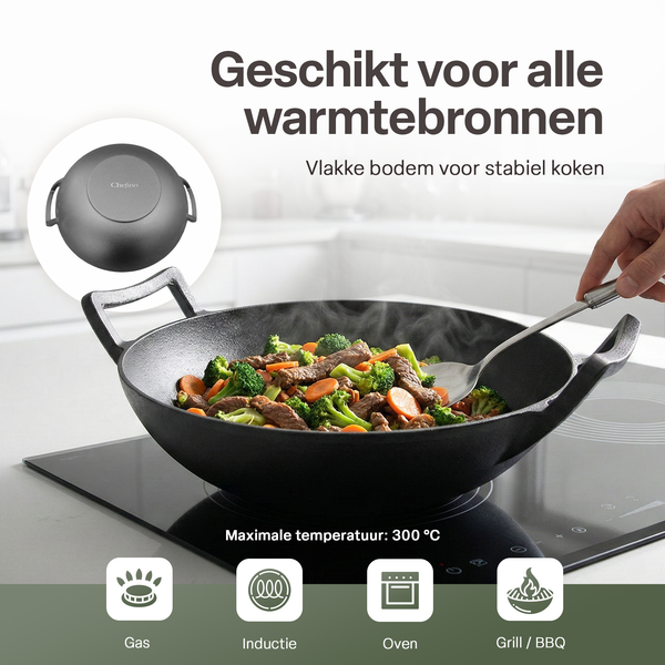 Gietijzeren Wok Ø36 cm met Houten Deksel – Wokpan Gietijzer voor Inductie, Gas, Oven & BBQ –  Pre-seasoned  – Grote Wokpan met Handgrepen – Professionele Wok