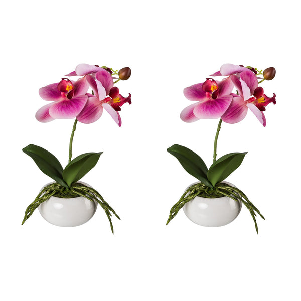 Kopu® Set 2 stuks Kunstplant Mini Orchidee 27 cm in witte Sierpot - Roze