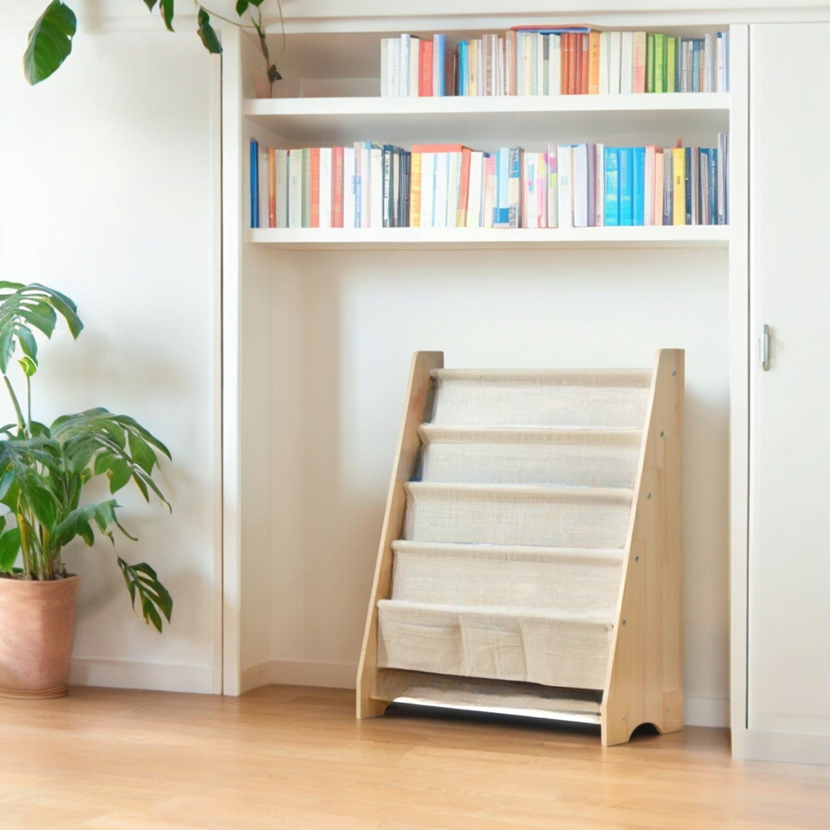 Kinderboekenkast - 76 x 62 x 28 cm - Bruin - Hout met Linnen - Kinderboekenrek - Boekenrek Kinderkamer