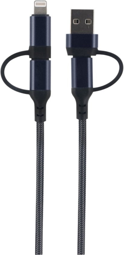 3-in-1 USB Kabel – 1 meter – Snelladen & Dataoverdracht – USB naar USB-C - Lightning – Nylon Gevlochten – Zwart - oplaadkabel Telefoon