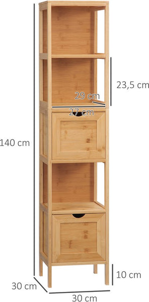 4goodz Bamboe Badkamerkast - Kolomkast 2 lades en plank 140 cm - Bruin