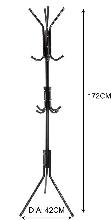 Kapstok Staand – Kledingrek met 12 Haken – Hoogte 172 cm – Staande Kapstok Metaal – Vrijstaande Kapstok – Zwart – Voor Hal, Slaapkamer en Kantoor