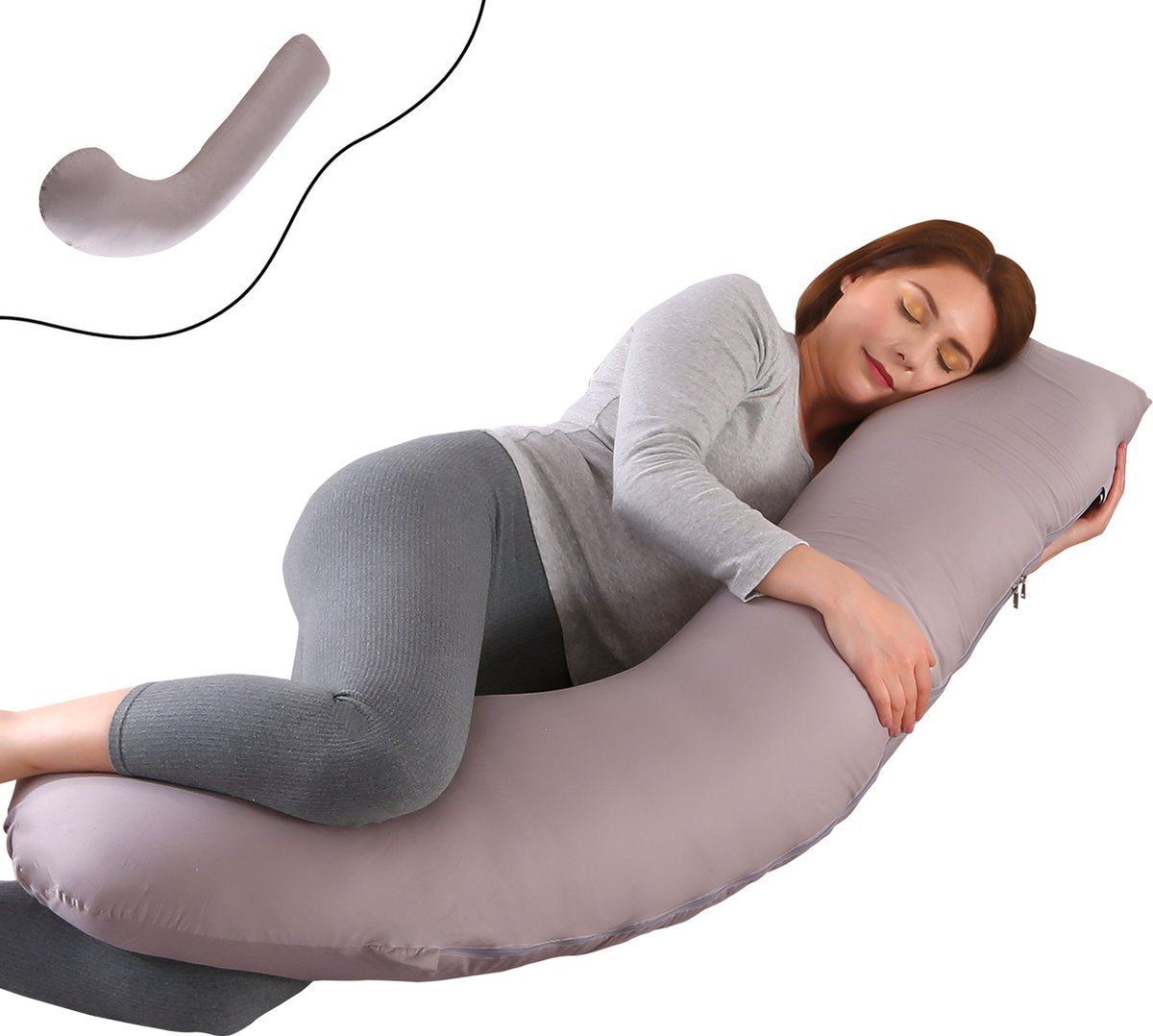Oemmie Zwangerschapskussen - Voedingskussen - Zijslaapkussen - Lichaamskussen - J-vorm - 145x45 cm - Grijs