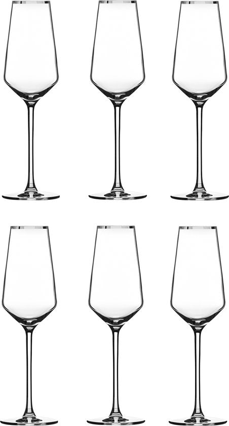 Alvito Champagneglazen set van 6 stuks - inhoud 21 cl - met Zilveren Rand