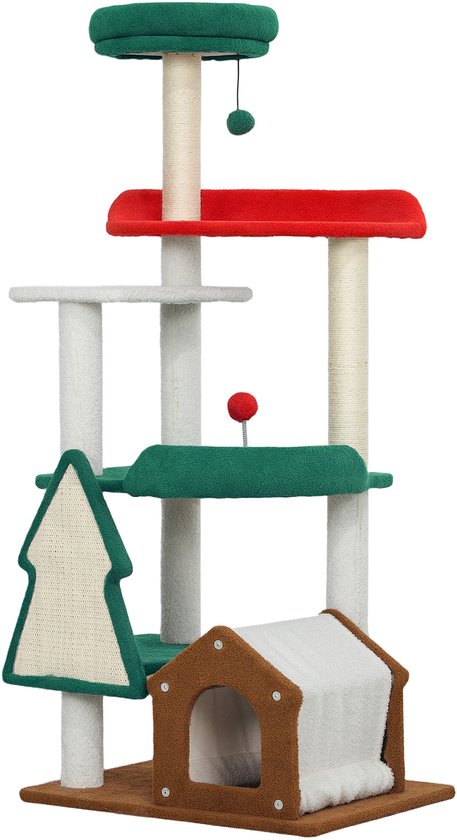 Katten Krabpaal in kerstkleuren met kattenhuis springplatforms en speelgoedballen