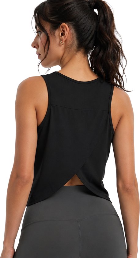 SparkNine Breezefit tanktop - open rug design - M - zwart - luchtig & ademend - crop fit - rekbaar & ademend - split back