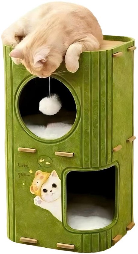 Kattenhuis met Krabplank – Kattenmand & Kattenhuis Indoor – Katten Krabmeubel – Kattenhol van Vilt – Katten Speeltoren – Groen – 60 cm