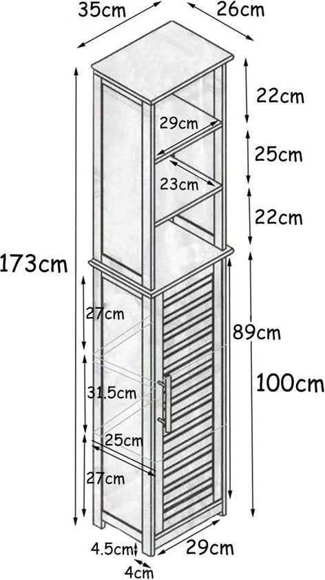 Badkamerkast Stockholm met deur en 6 planken 35x26x173 cm - Wit/Bruin
