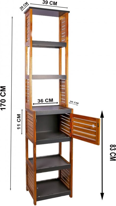 Acaciahout Hoge Badkamerkast 1 deur en 5 legplanken 30x38x170 cm