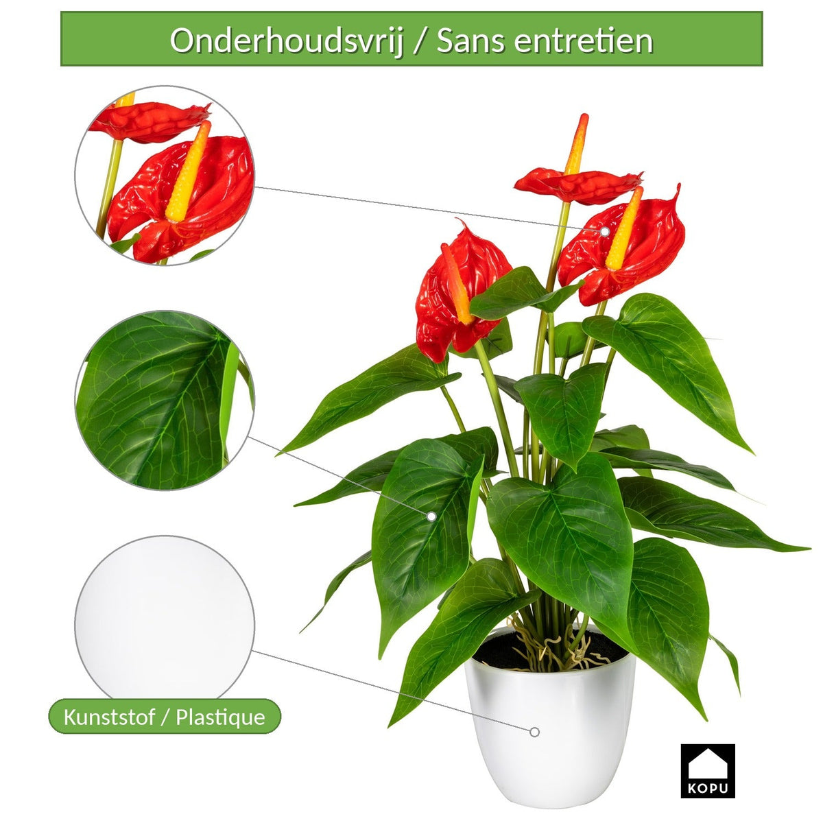 Kopu® 2 stuks Anthurium Kunstplant 40 cm - 3 bloemen - Flamingoplant