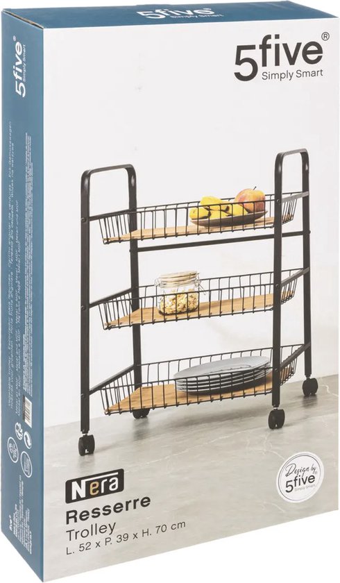 5Five® Serveerwagen met 3 draadstaal opbergvakken 52x39x70 cm - Zwart