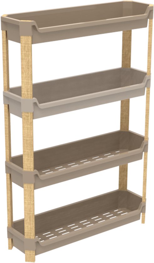 Fixwood Modulaire Opbergkast – 4-Laags Houten Rek met Kunststof Bakken – Badkamer, Keuken & Woonkamer – Duurzaam en Stijlvol Design – 68 cm Hoog – Beige - Naturel