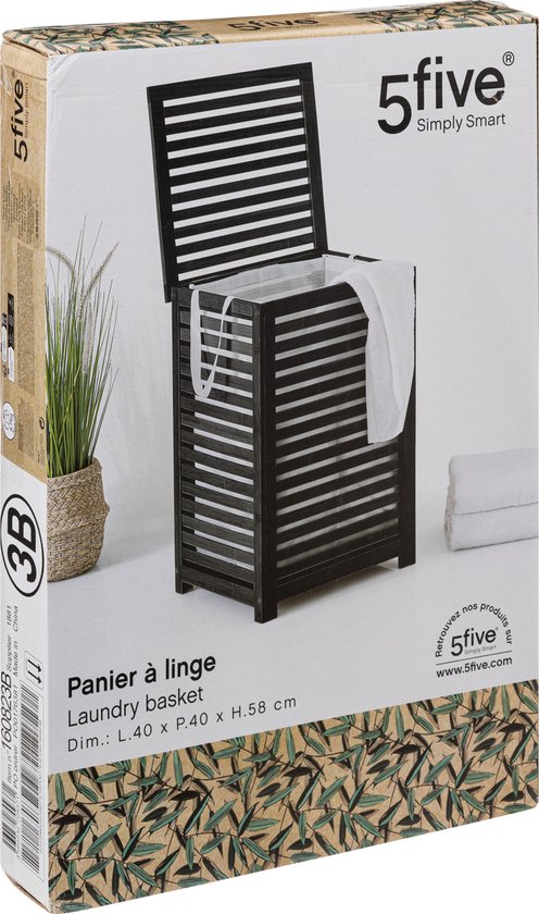 Zwarte Bamboe wasmand 65 Ltr met deksel en waszak 40x40x58 cm - Zwart