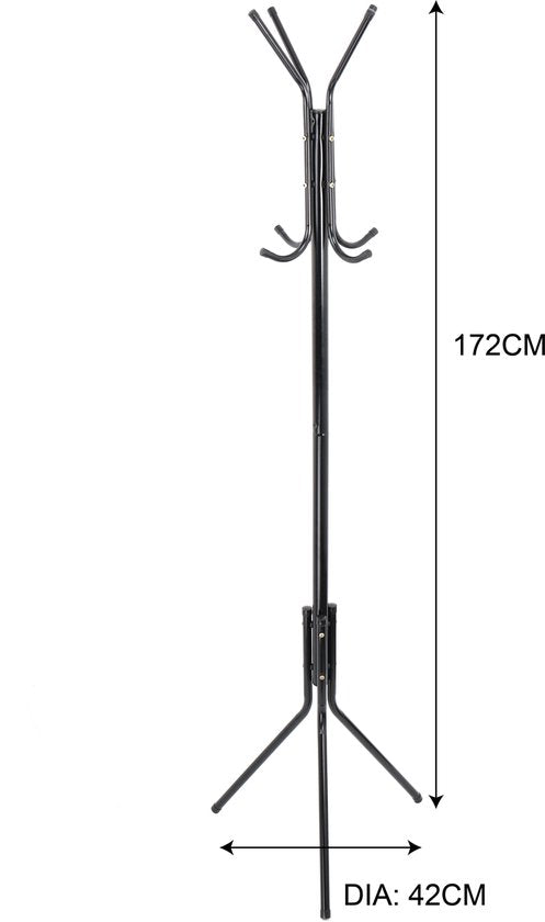 Kapstok Staand – Kledingrek met 8 Haken – Hoogte 172 cm – Staande Kapstok Metaal – Vrijstaande Kapstok – Zwart – Voor Hal, Slaapkamer en Kantoor