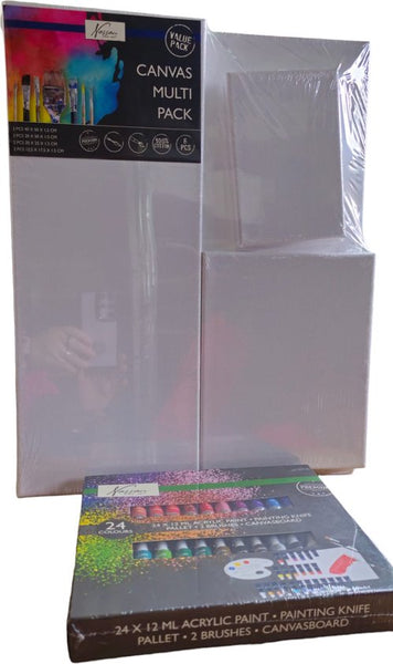 Nassau Fine Art Multipack Schilderset 2pcs. - Hobbyist - Volwassenen -Kinderen- Leren schilderen - 40x50cm-20x50cm-20x25cm-12.5x17.5cm - 24 * 12ml acrylverf 12 Kwasten Verjaardagscadeau Moederdag Vaderdag