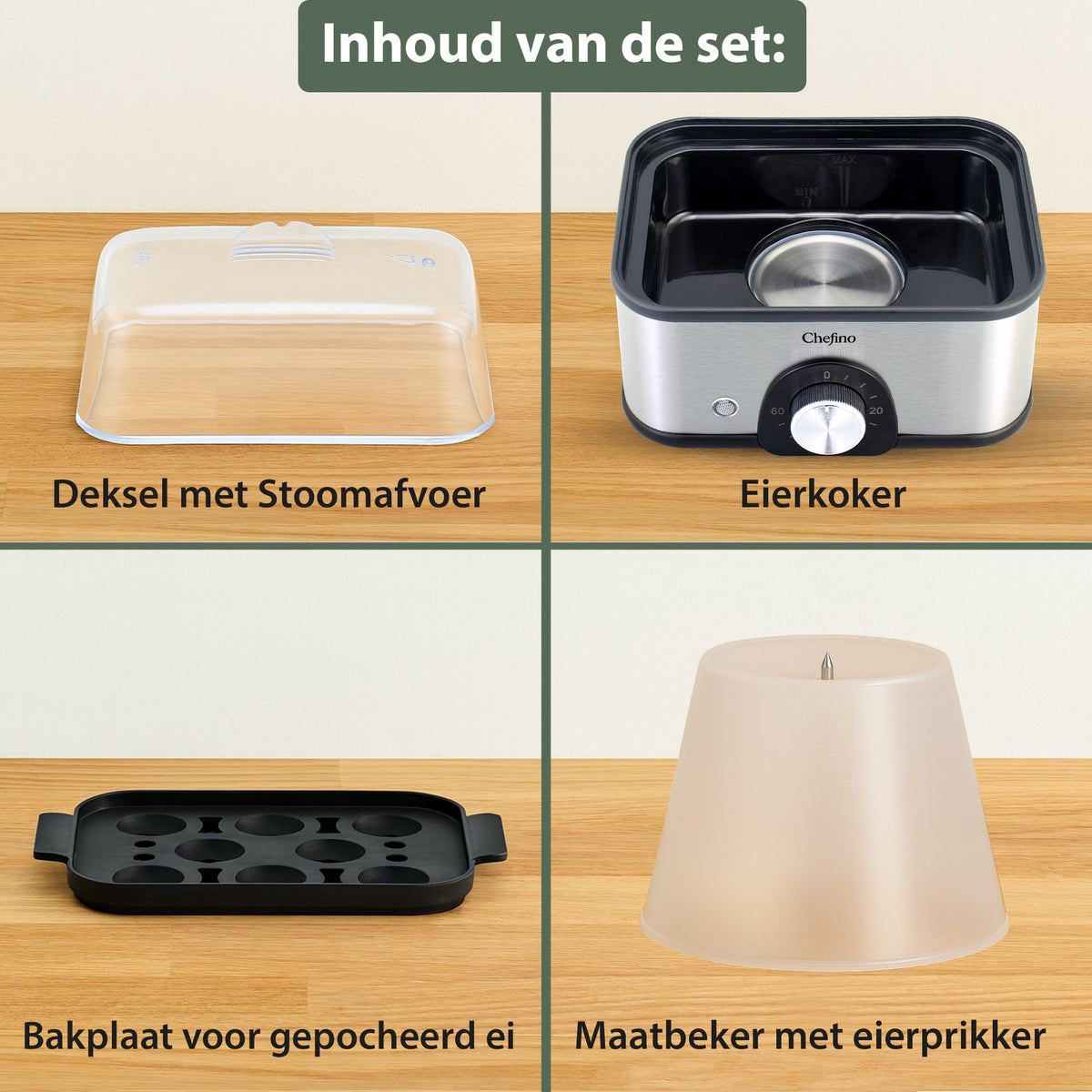 Chefino Eierkoker – Elektrisch – 8 Eieren – RVS – BPA-vrij – Timer & Automatische Uitschakeling – Inclusief Maatbeker met Eierprikker & Pochéerschaal – Anti-oververhitting – Zilver-Zwart