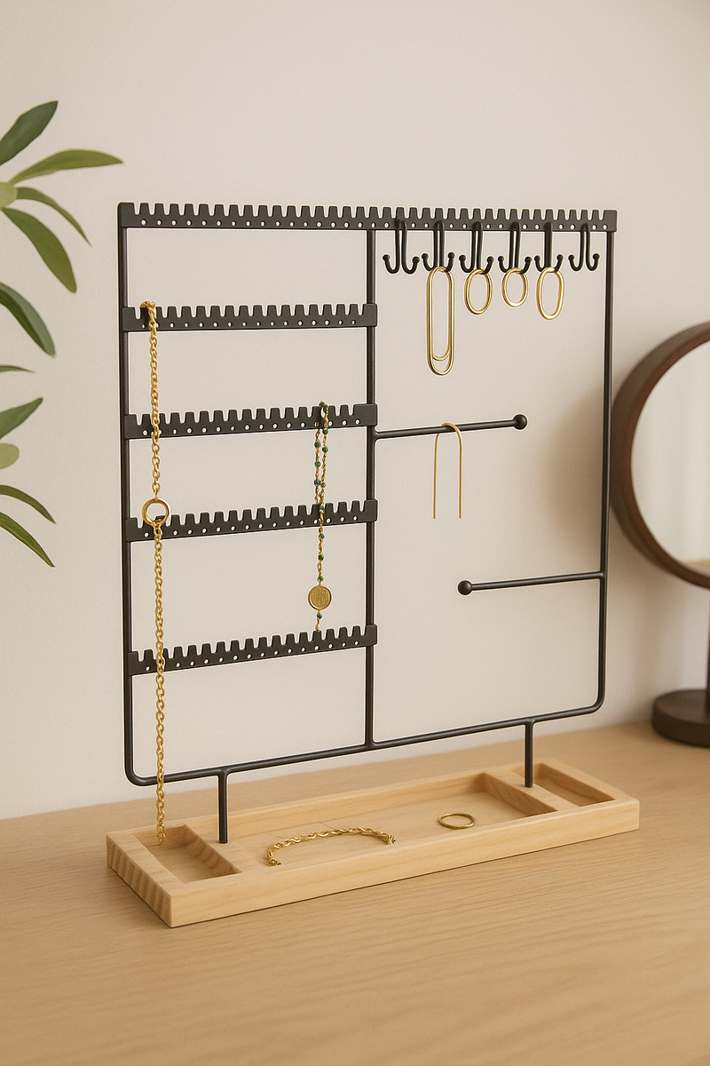 Sieradenhouder Zwart met Houten Bodem – Organizer voor Kettingen, Oorbellen en Armbanden – Met Haakjes, Gaatjes en Opbergvakjes – 36,8 x 29 cm
