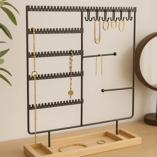 Sieradenhouder Zwart met Houten Bodem – Organizer voor Kettingen, Oorbellen en Armbanden – Met Haakjes, Gaatjes en Opbergvakjes – 36,8 x 29 cm
