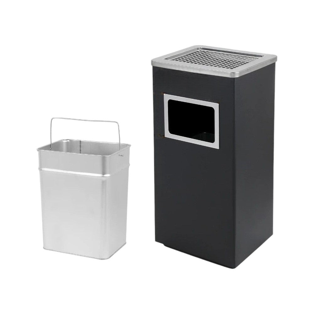 Asbak Voor Buiten - Zwart met RVS - 31 cm x 25 cm x 61 cm - Vloerasbak - Buitenasbak Groot - Rookpaal - Asbakken - Staande Asbak met RVS Afvalbak