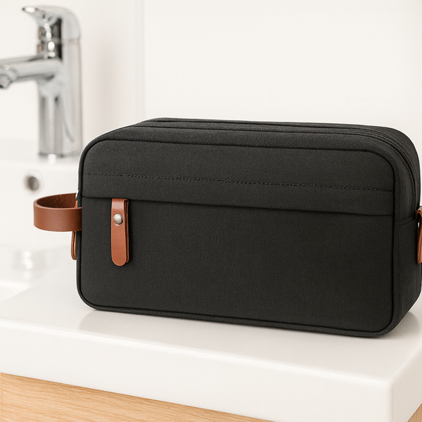 Luxe Toilettas Heren & Dames – Dubbel Compartiment – Waterafstotende Reistas – Zwarte Toilettas met Leren Details – Grote Washbag – Ideaal voor Vakantie & Sportschool – FLOKOO