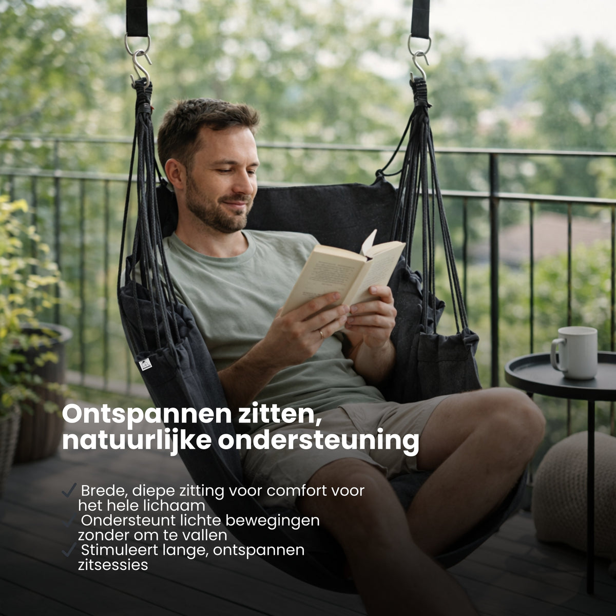 Hangstoel met Kussen – Hangende Stoel voor Binnen en Buiten – Inclusief Ophangset – Belastbaar tot 125 kg – Katoenen Hangstoel voor Tuin, Balkon, Slaapkamer & Balkon – Zwart