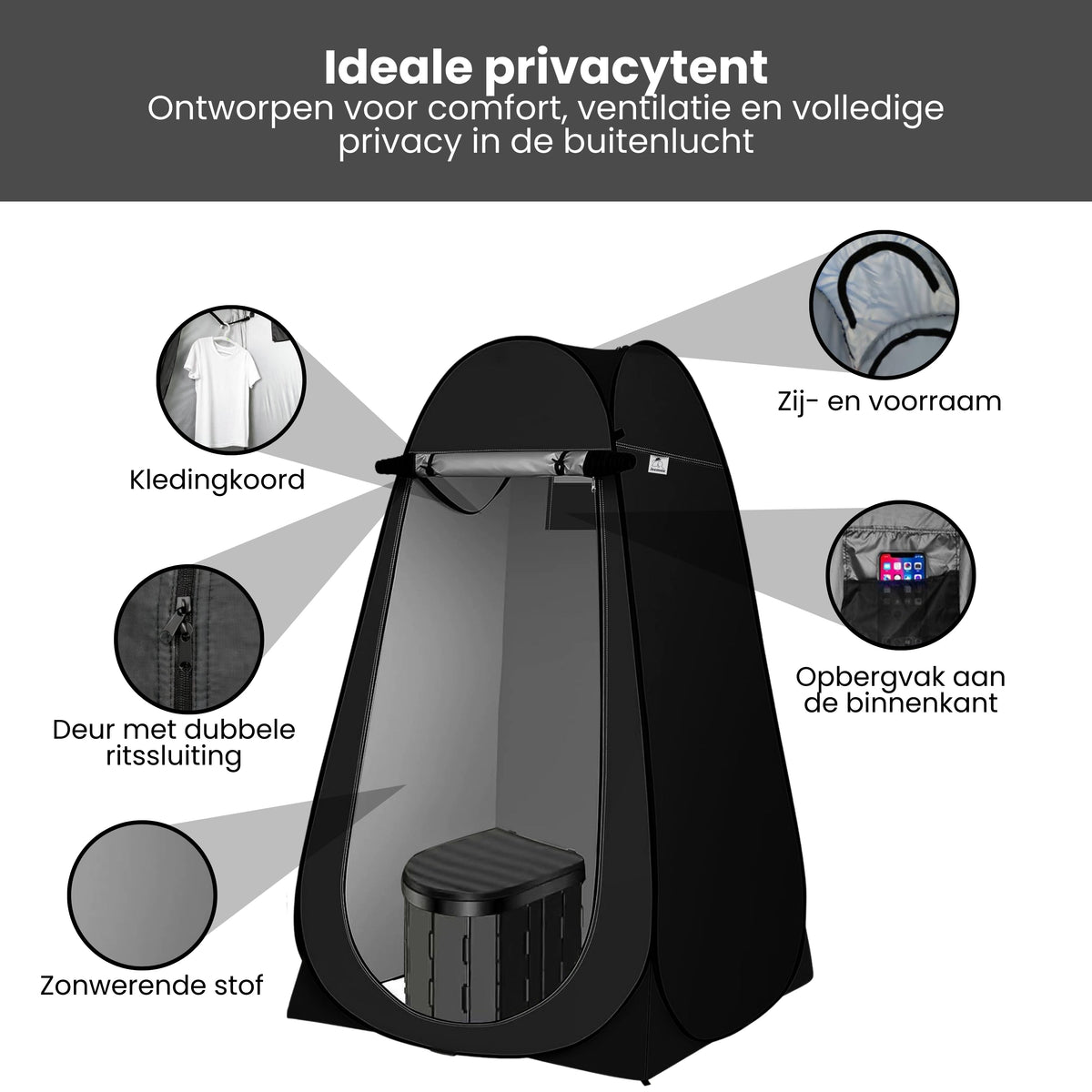 Pop-up Douchetent & Toilet Tent – Camping Douchetent met Opvouwbaar Toilet – Privacy Tent Camping, Festival & Strand – Inclusief Draagtas, Grondpinnen en Scheerlijnen – 190 cm Hoog – Zwart