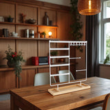 Sieradenhouder Wit met Houten Bodem – Organizer voor Kettingen, Oorbellen en Armbanden – Met Haakjes, Gaatjes en Opbergvakjes – 36,8 x 29 cm