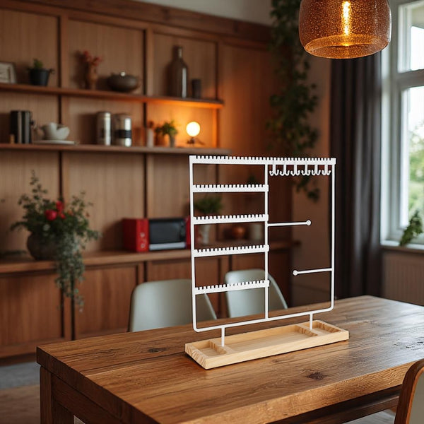 Sieradenhouder Wit met Houten Bodem – Organizer voor Kettingen, Oorbellen en Armbanden – Met Haakjes, Gaatjes en Opbergvakjes – 36,8 x 29 cm