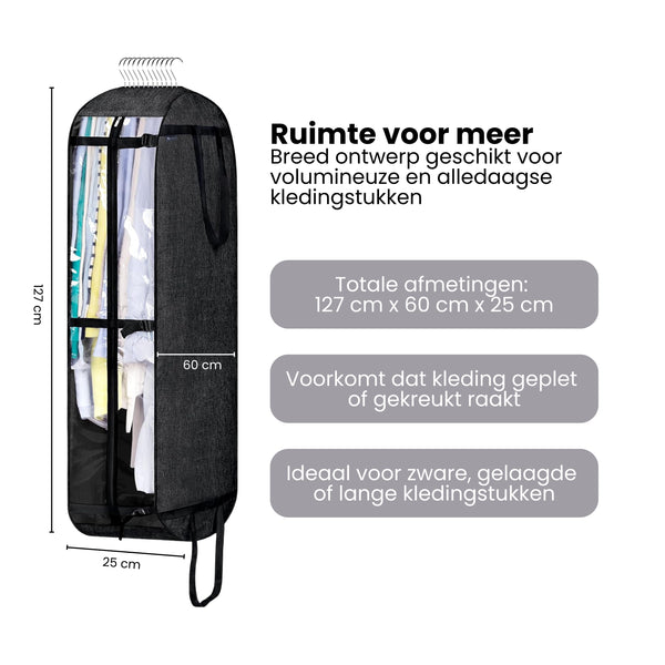 Kledinghoes met Hanger – Opvouwbare Kleding Organizer – Kleding Opbergzak met Rits & Venster – Kleding Transporthoes – Geschikt voor Verhuizen & Reizen – 127 x 60 x 25 cm – Zwart