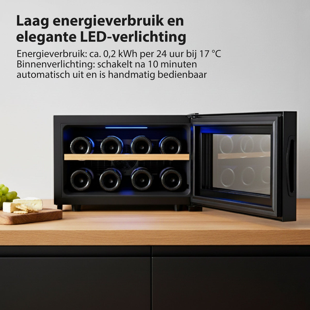 Wijnkoelkast - Wijn Klimaatkast voor 8 Flessen - Zwart - Instelbare Temperatuur van 5°C tot 18°C - Wijnkoelkast Liggend - Liggende Wijnkoeler