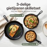 Gietijzeren Koekenpan Set 3-delig – Skillet Set Ø16, Ø19,5 & Ø24,5 cm – Voorgekruid Gietijzer – Geschikt voor Inductie, Gas, Oven & BBQ – Inclusief Siliconen Handgrepen