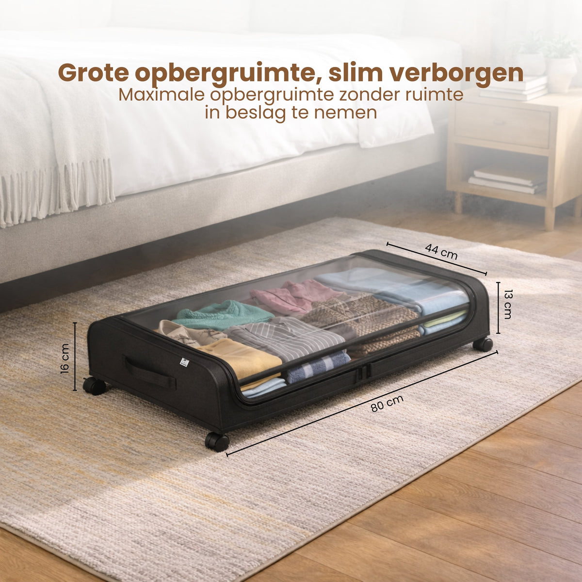 Onderbed Opbergbox met Wielen – Opbergbox Onder Bed 80x44x16 cm – Transparant & Stofvrij – Opbergbox voor Kleding, Schoenen & Beddengoed – Ruimtebesparende Bedlade