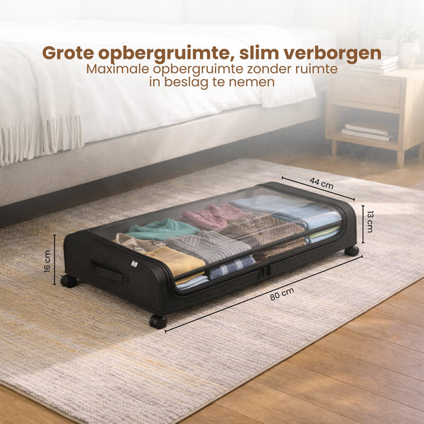 Onderbed Opbergbox met Wielen – Opbergbox Onder Bed 80x44x16 cm – Transparant & Stofvrij – Opbergbox voor Kleding, Schoenen & Beddengoed – Ruimtebesparende Bedlade