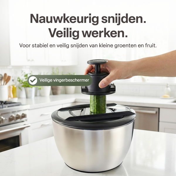 Chefino All In - Slacentrifuge RVS 5L met Snij- en Raspmessen – Salade Spinner – Sladroger – Slakom met Mandoline – Groentesnijder – Julienne Snijder – RVS Mengkom