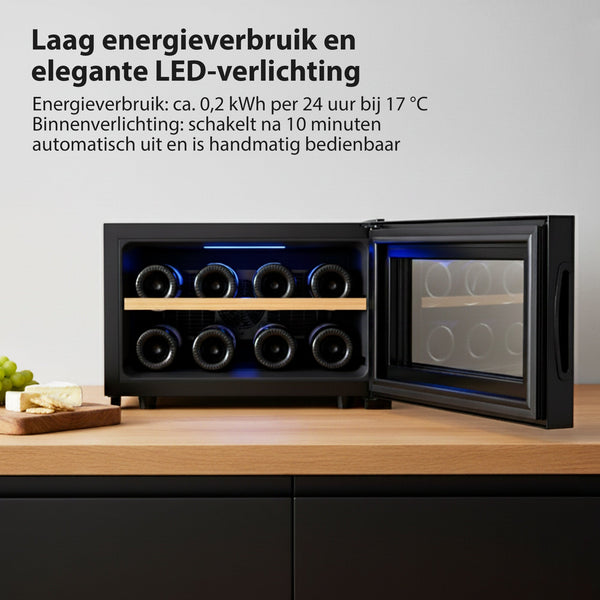 Wijnkoelkast - Wijn Klimaatkast voor 8 Flessen - Zwart - Instelbare Temperatuur van 5°C tot 18°C - Wijnkoelkast Liggend - Liggende Wijnkoeler