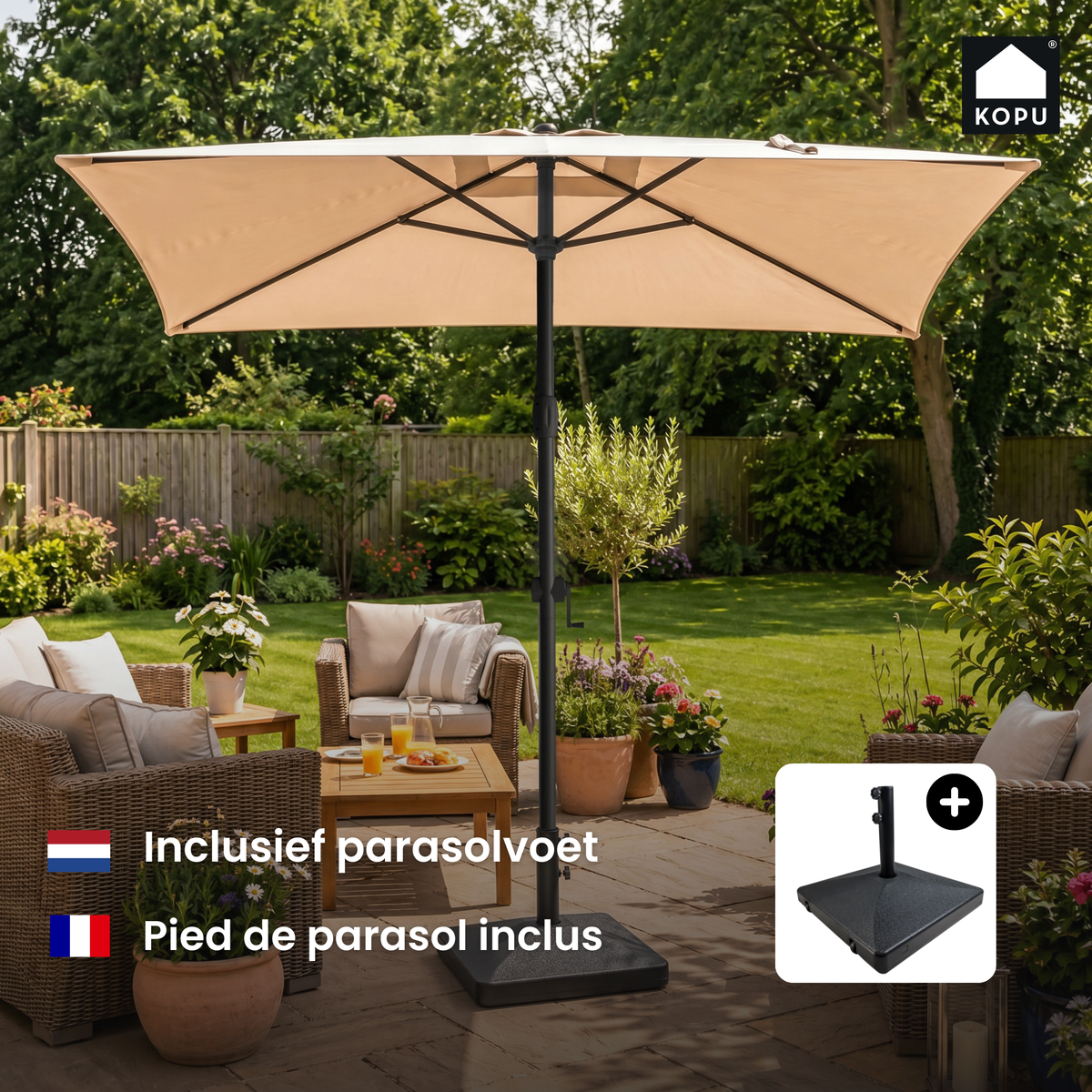 Kopu® Sevilla Parasol Rechthoek 200x300 cm met Hoes en voet - Creme