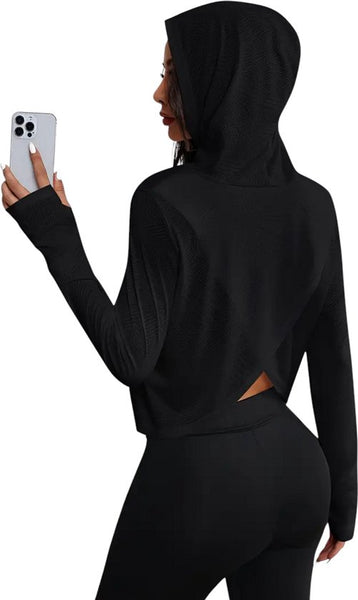 SparkNine Blaze sport hoodie - met capuchon & stijlvolle print - XL - zwart - sporttrui dames - longsleeve - ademend & lichtgewicht