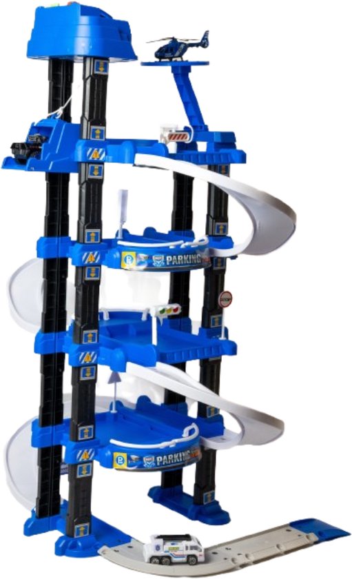 DMG Supply Politiegarage Speelset - 3-Laagse Speelgoedgarage met Lift en Helikopterplatform - Met 2 Auto’s en 1 Helikopter - Vanaf 3 Jaar