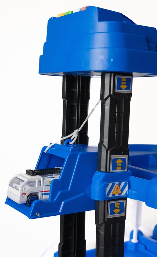 DMG Supply Politiegarage Speelset - 3-Laagse Speelgoedgarage met Lift en Helikopterplatform - Met 2 Auto’s en 1 Helikopter - Vanaf 3 Jaar